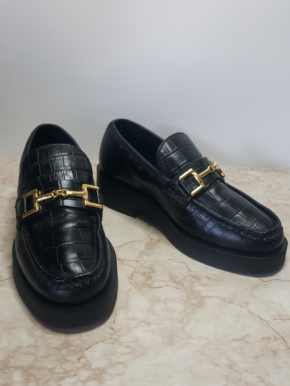 Arket Vintage Black Croc-Embossed Leather Loafers with Gold Bit Detail Size 37